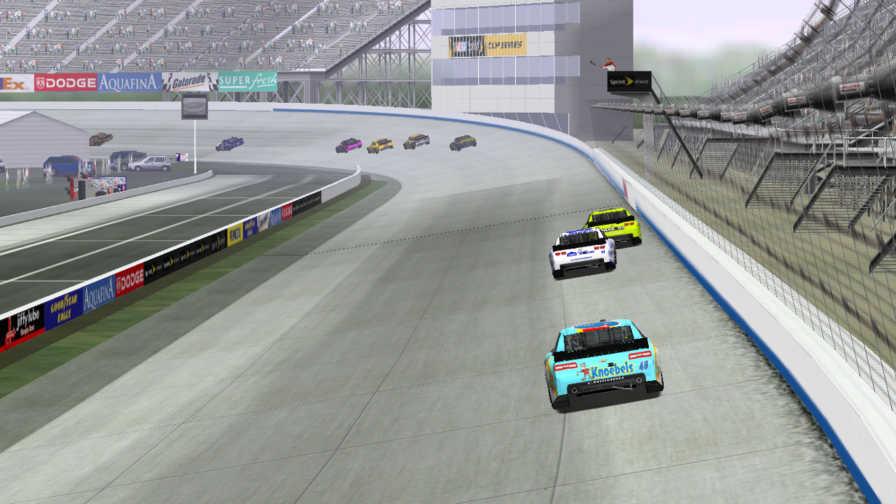 Speedyman11 takes the checkered flag while the tail end of the field races for position. (Credit: DusterLag / HeatFinder)