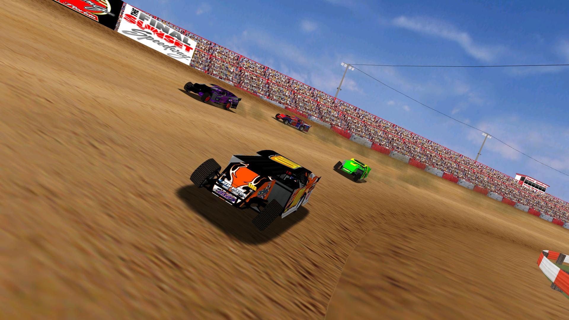 KartRacer63 leads the field into turn one on the first lap. (NASCAR Heat Modified Association)