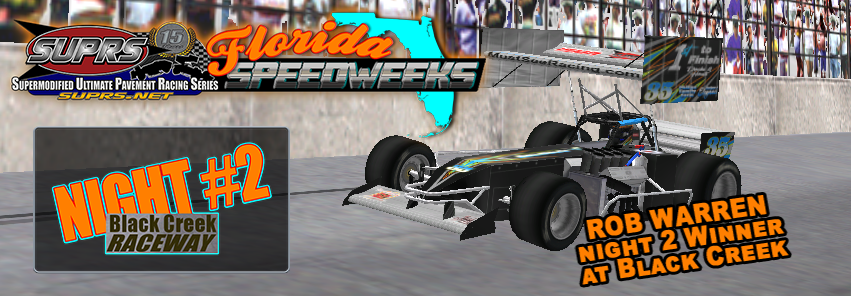 Rob Warren came from the back to bag the win at Black Creek Raceway on Night 2 of SUPRS 2019 Florida Speedweeks. (Victory Lane Art by BreezeGraphics.com)