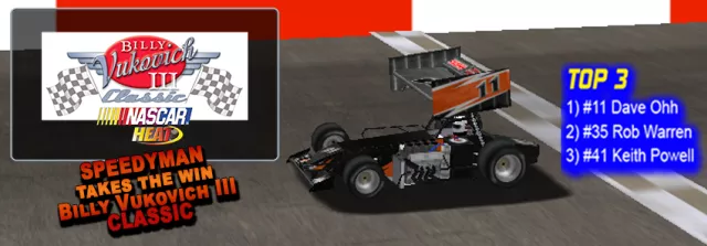 SpeedyMan is the first rookie in SUPRS history to win the prestigious Billy Vukovich III Classic. (Victory Lane Art by BreezeGraphics.com)