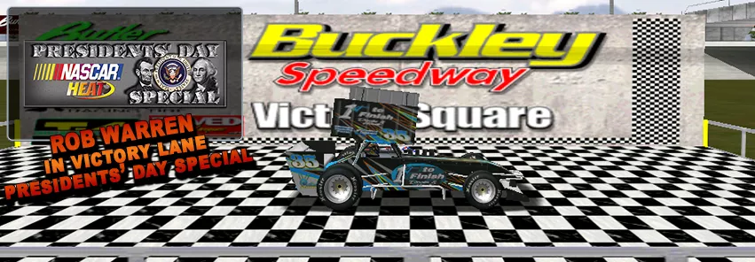 Rob Warren was back in Buckley Speedway’s Victory Square for the President’s Day Special on 2/18/19. (Victory Square Art by BreezeGraphics.com)